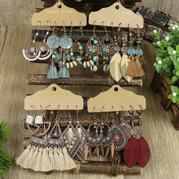 Bohemian 3 Pc Beaded Tassel Drop Earrings Leaves Water Droplets Flowers NEW - Picture 3 of 9